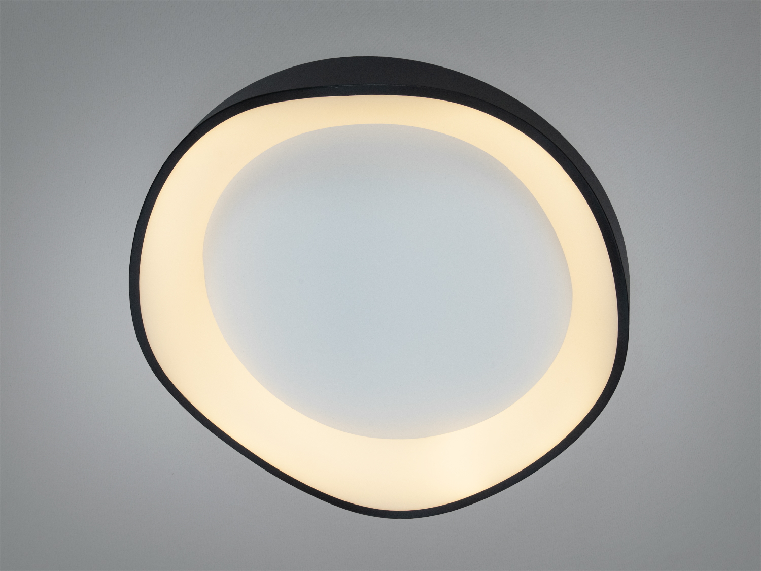 Круглий світильник з м′яким світлом, чорний корпус, білий розсіювач. Підходить для житлових приміщень.