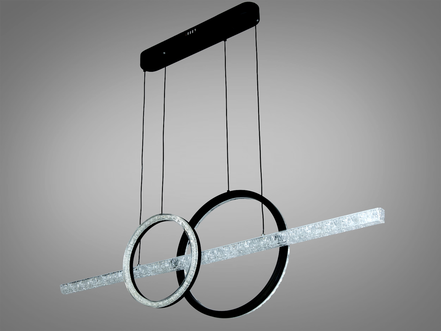 Світильник з двома кільцями та горизонтальною планкою, підвісний монтаж. Використовується в сучасних інтер′єрах.