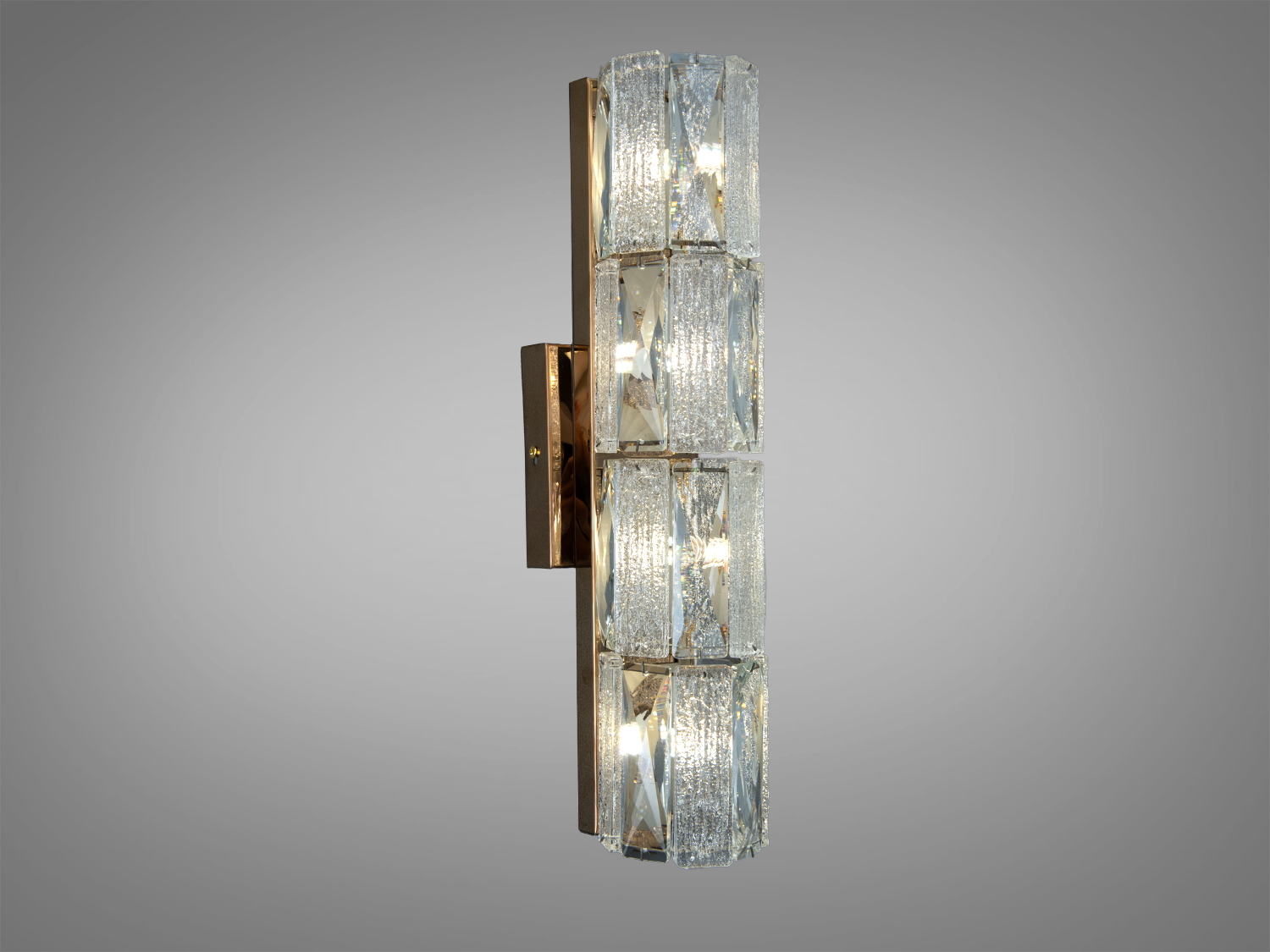 Світильник з вертикальним монтажем, прикрашений кришталевими блоками. Підходить для сучасних інтер′єрів, додає елегантності простору.