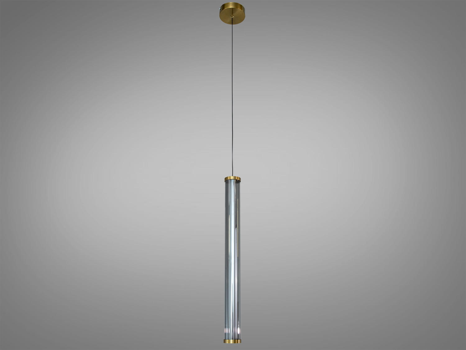 Підвісний світильник з прозорим циліндричним корпусом, золотисте кріплення. Підходить для високих стель.