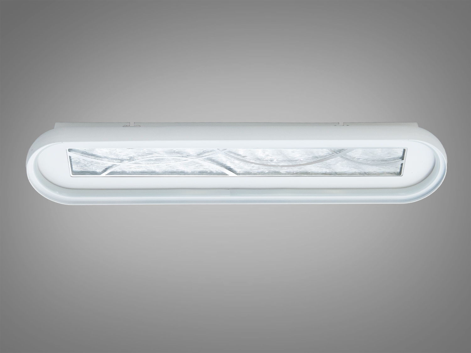 Білий овальний світильник з прозорим декоративним акриловим елементом. Підходить для настінного монтажу.