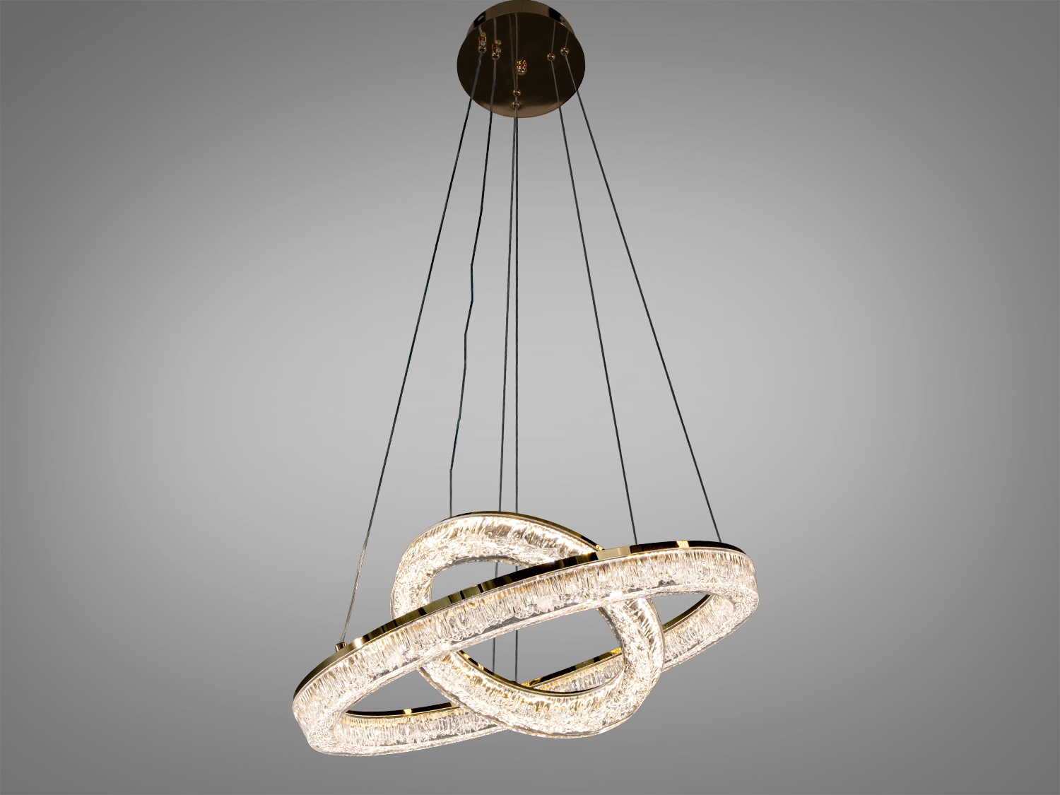 Підвісний світильник з двома акриловими кільцями, що перетинаються, з нейтральним світлом. Підходить для сучасних інтер′єрів, кріплення на стелі.