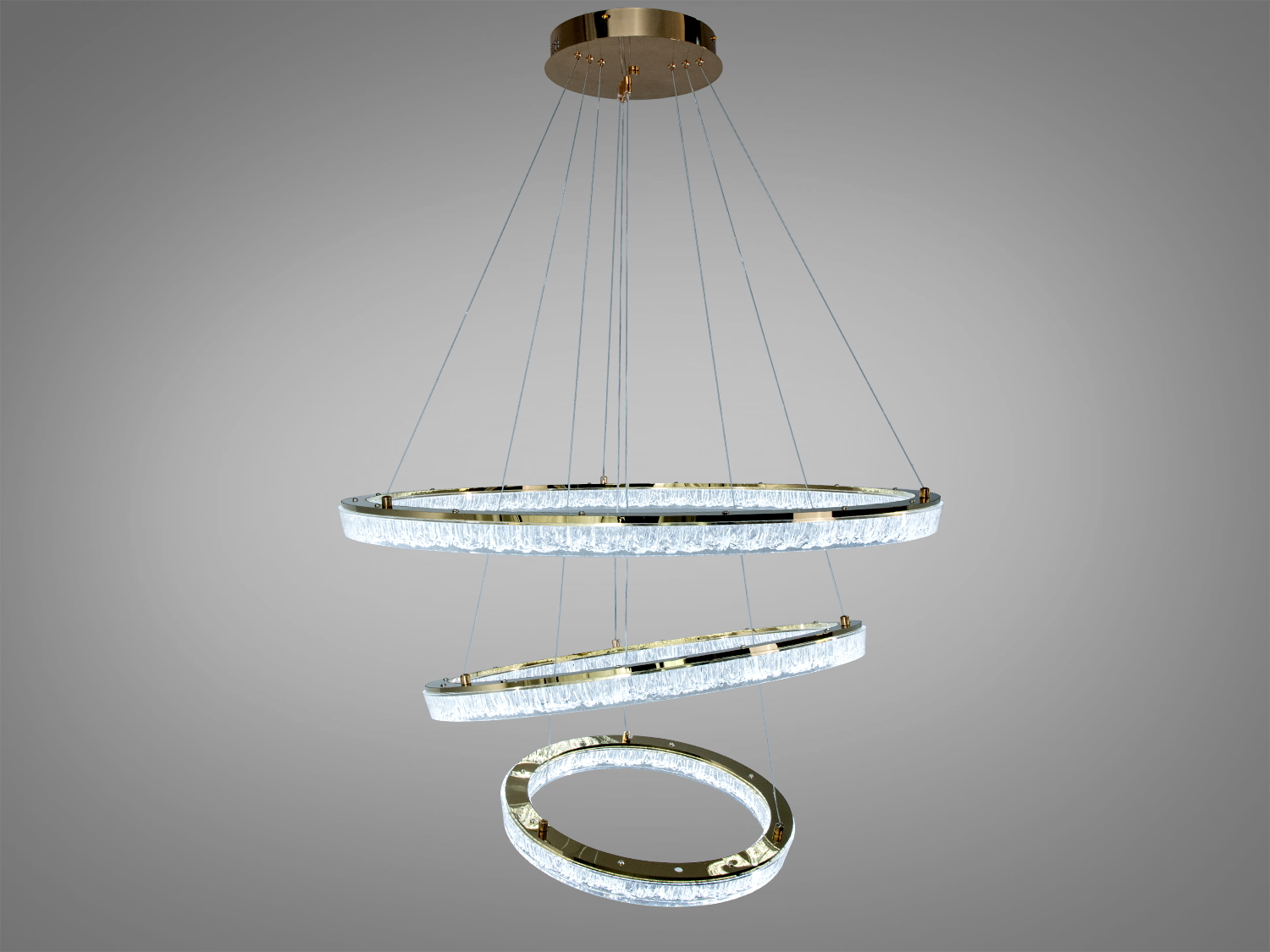 Підвісна LED-люстра з трьома акриловими кільцями, золото, 125 Вт, ≈6875 лм. Три температури світла 3200/4100/6000К, регулювання висоти, керування зі звичайного вимикача.