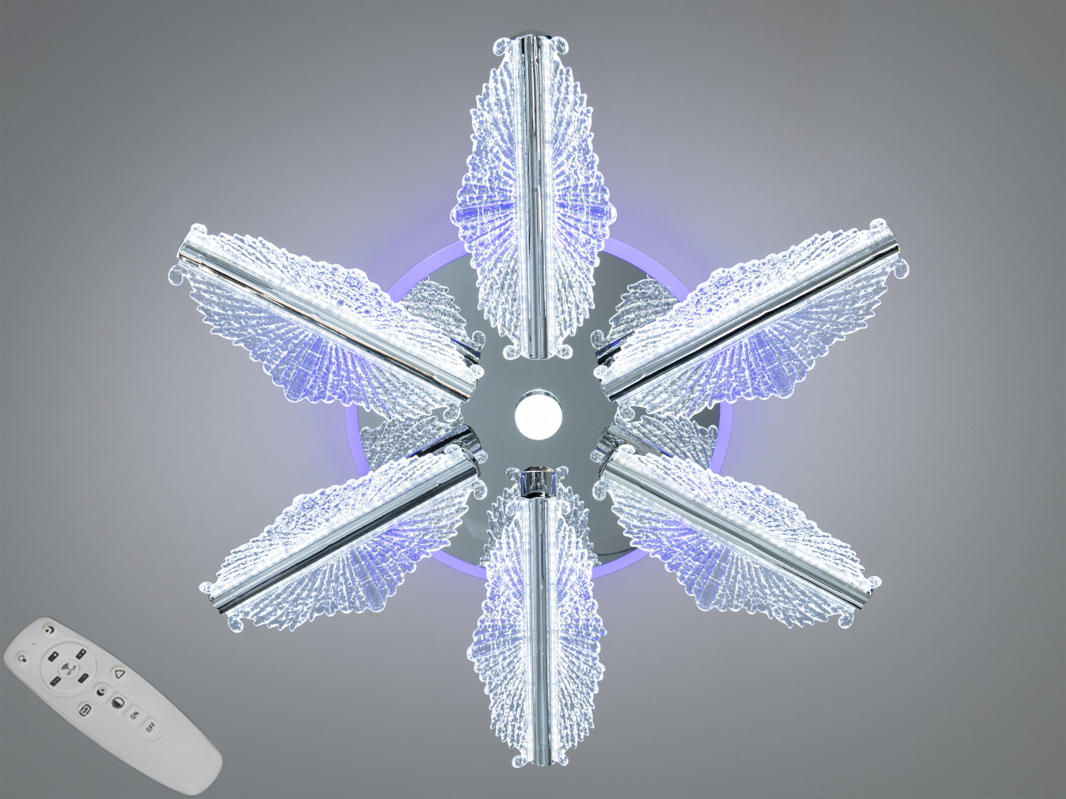 Стельова LED-люстра Diasha 98 Вт у хромі з пультом і димером: 6 акрилових модулів, 3200К/4100К/6500К, підсвітка, низький профіль, для освітлення до 17 м².