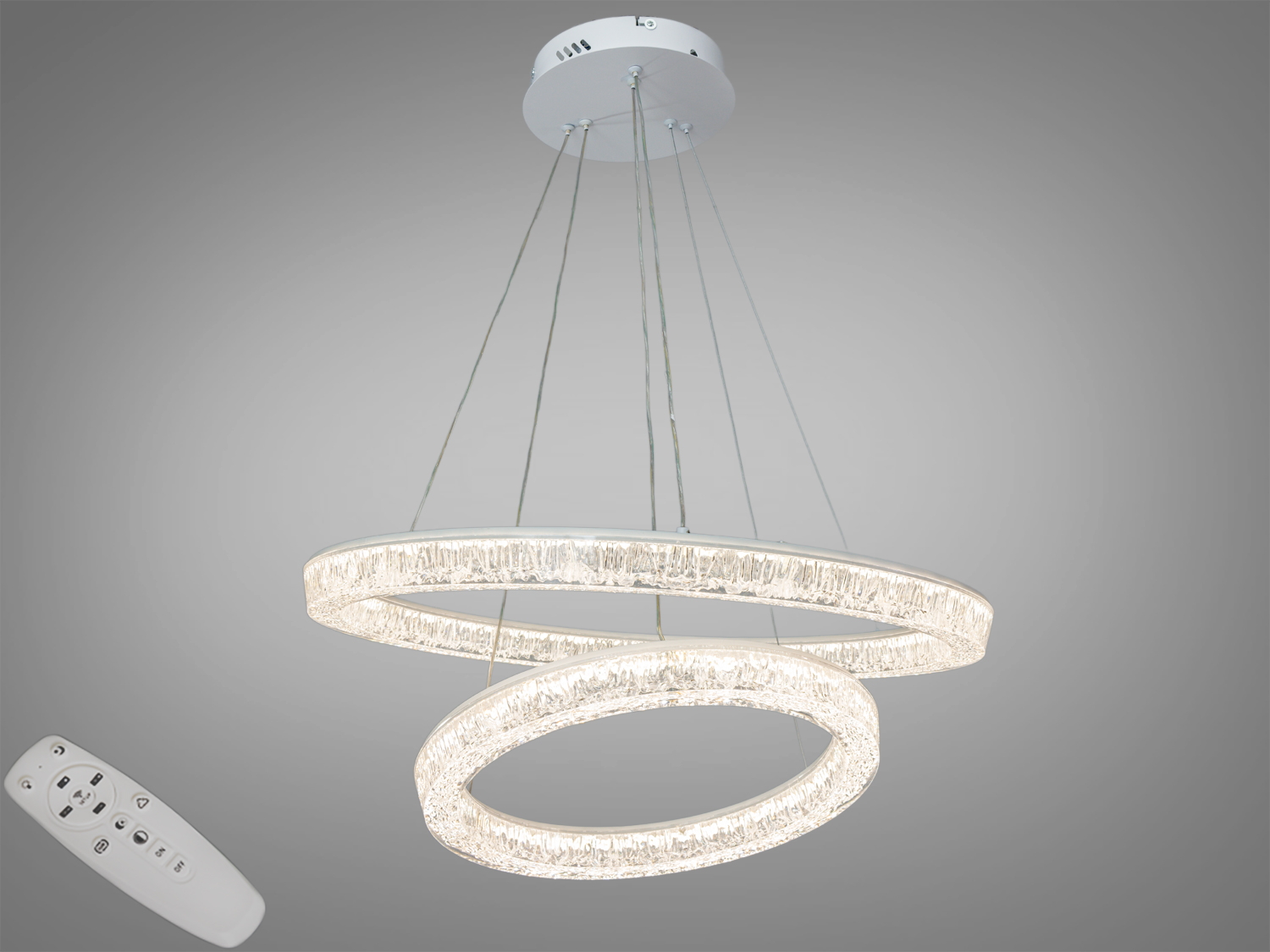Підвісний світильник з двома кільцями, оснащений пультом дистанційного керування. Підходить для сучасних інтер′єрів.