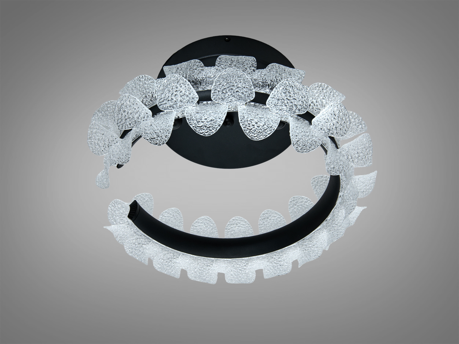 Підвісний світильник у формі кільця з прозорого акрилу, підходить для монтажу на стелі в житлових приміщеннях.