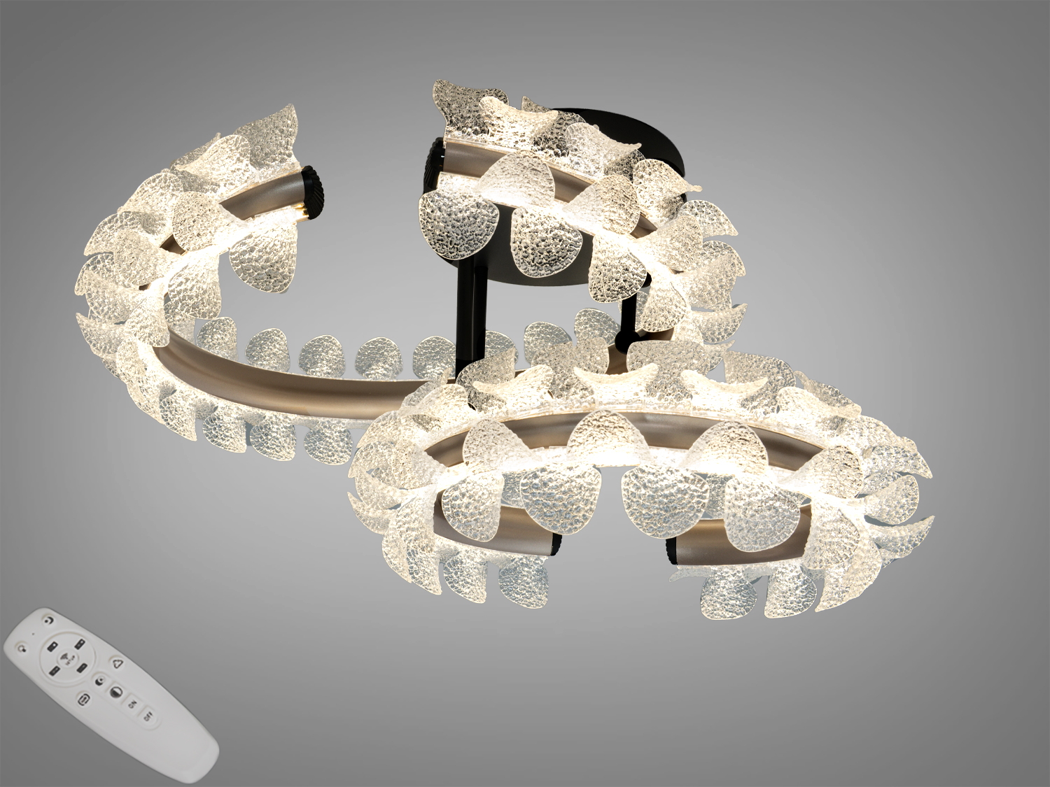 Стельовий світильник з двома овальними LED-кільцями, що регулюються пультом. Виготовлений з металу, підходить для сучасних інтер′єрів.