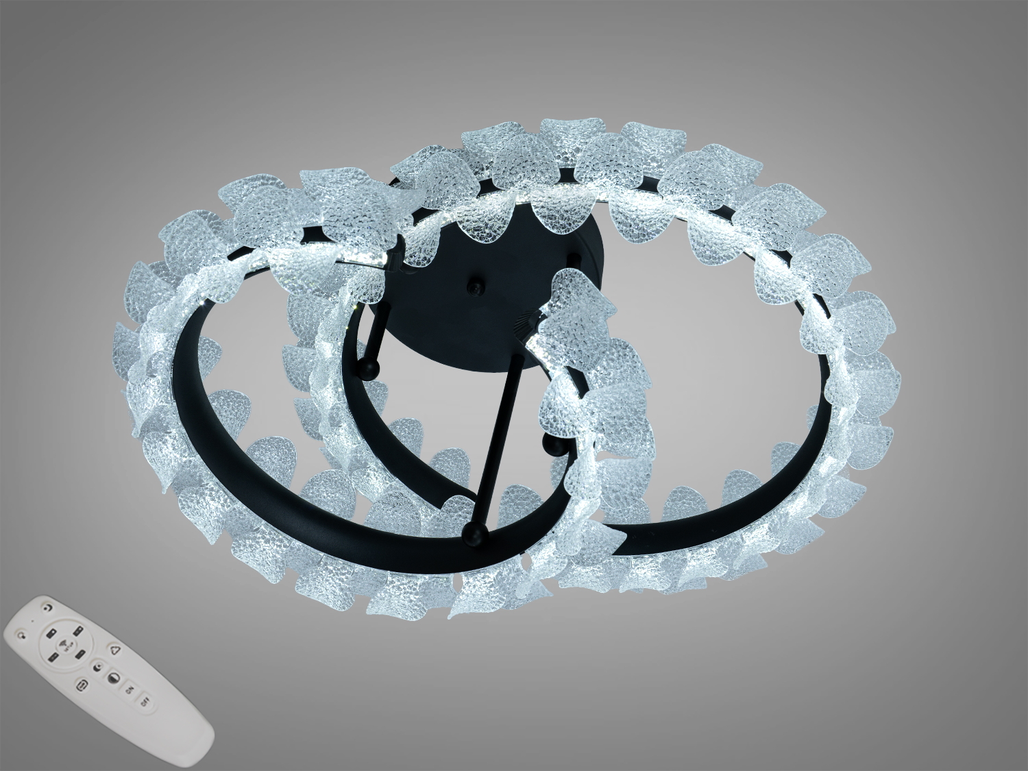 Стельова LED-люстра Diasha, 58 W, два овальні кільця, матовий хром. Пульт і димер для зручного налаштування яскравості. Підходить для кімнат до ≈10 м².