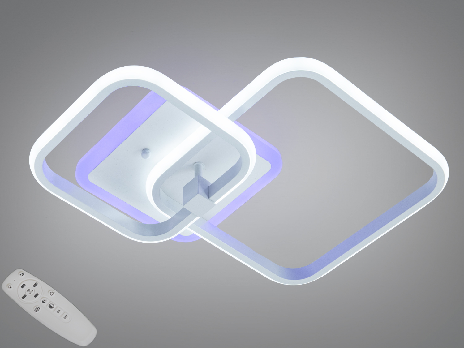 Стельова LED-люстра 48 Вт у білому кольорі з пультом. Дві квадратні рамки, димування та перемикання теплого/нейтрального/холодного білого для кімнат до 8 м².