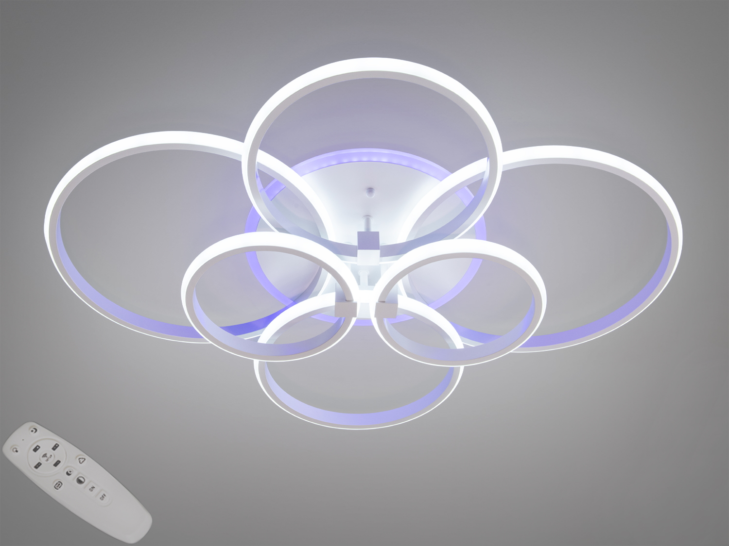 Стельова LED люстра Diasha, 80 W, чорна, 4 кільця. Пульт, димер і триколірна підсвітка основи. Рекомендована площа освітлення до ~14 м².