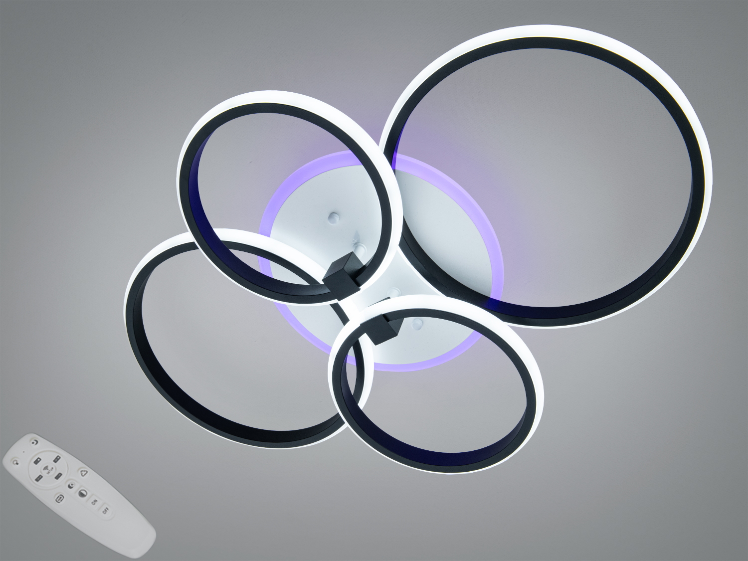 Стельова LED люстра Diasha, 80 W, чорна, 4 кільця. Пульт, димер і триколірна підсвітка основи. Рекомендована площа освітлення до ~14 м².