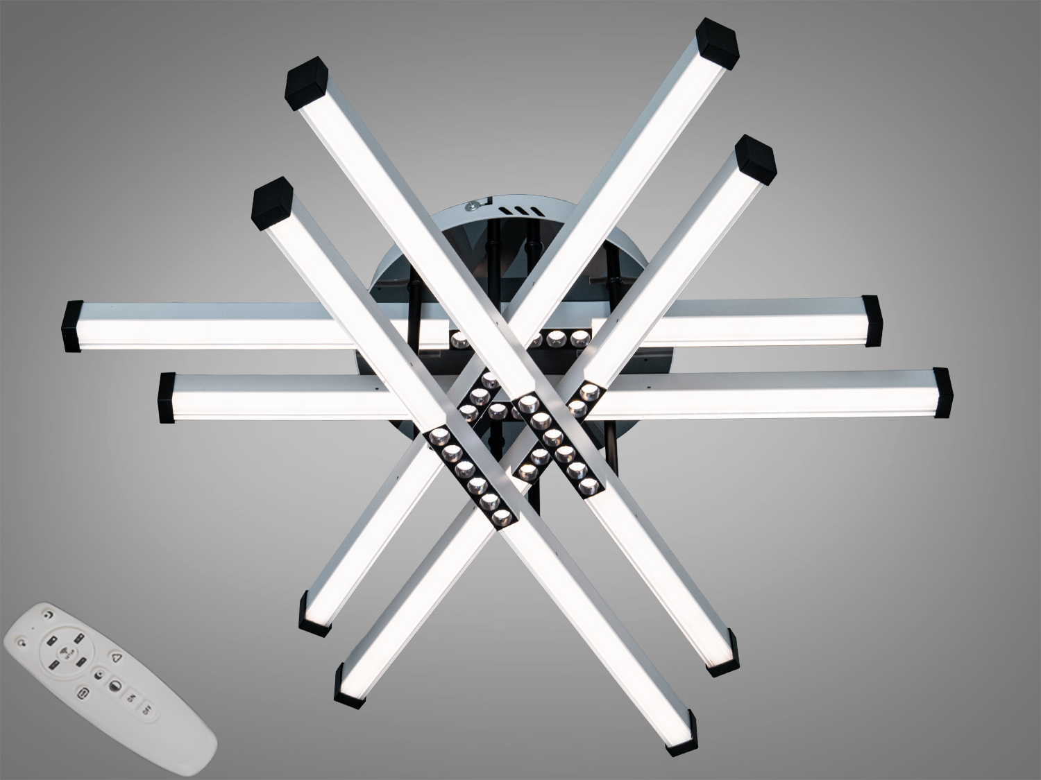 Сучасна стельова LED люстра Diasha, білий+чорний, 80 Вт. 6 лінійних модулів, пульт і димер, акриловий розсіювач, розрахована приблизно на 14 м².