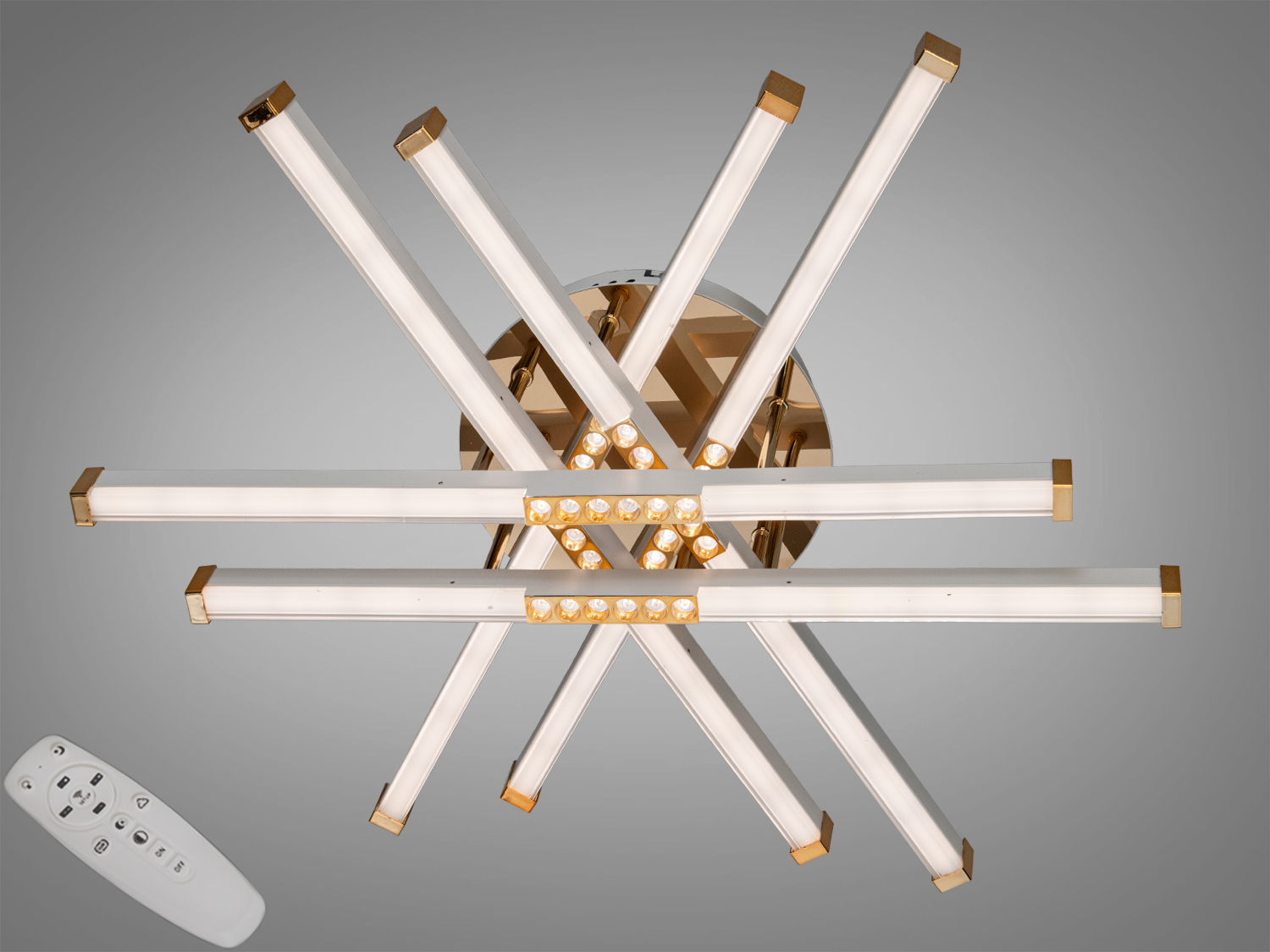 Стельова LED-люстра 80 Вт у кольорі білий+золото з пультом і димером. Шість лінійних модулів, накладний монтаж, освітлення кімнат до ~14 м².