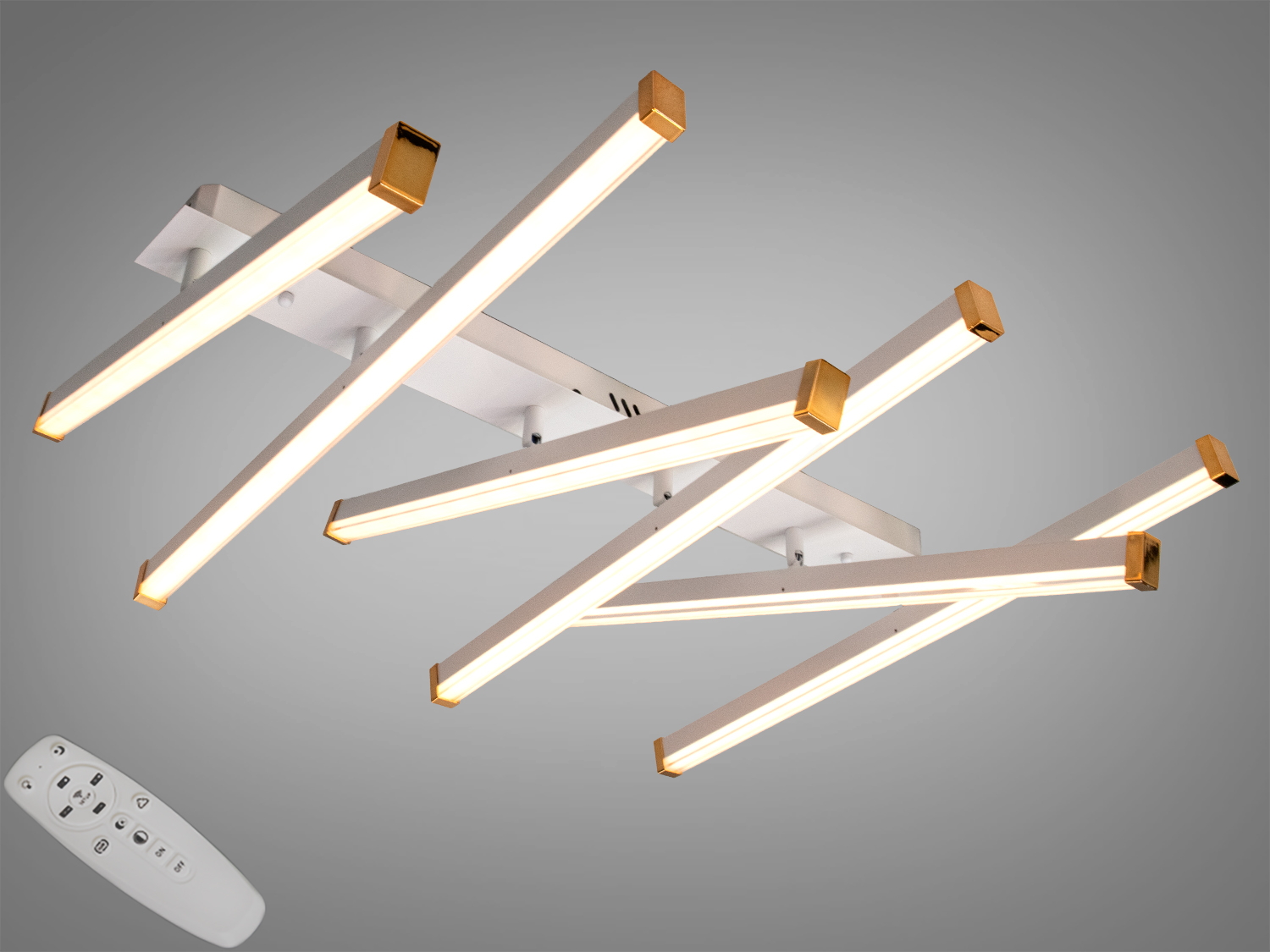 Стельова LED-люстра 82 Вт з пультом і димером. 6 лінійних модулів, білий колір із золотистими акцентами. Орієнтовно для кімнат до 12–14 м².