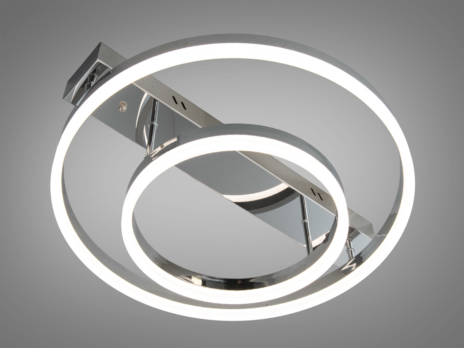 Стельовий світильник з двома круглими LED кільцями, виконаний у сучасному стилі. Підходить для різних типів інтер′єру.