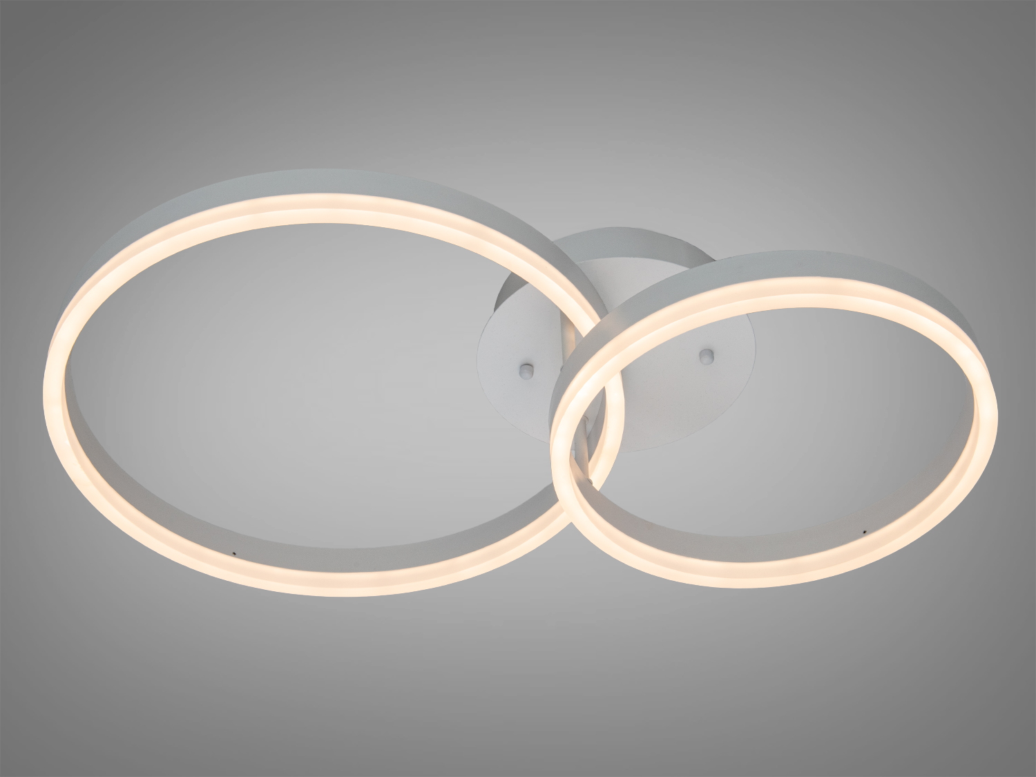 Стельовий світильник з теплим світлом, двома круглими акриловими LED кільцями. Відмінно підходить для затишного освітлення вітальні.