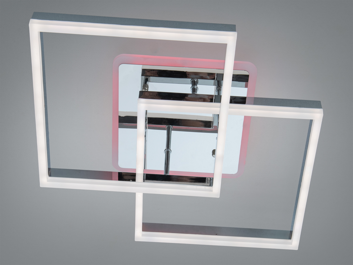 Стельовий світильник з двома квадратними рамками, з червоним підсвічуванням. Підходить для монтажу в сучасних житлових приміщеннях.