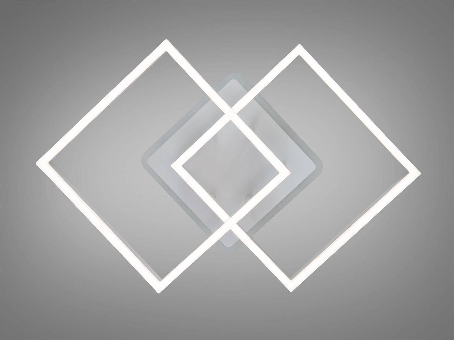 Стельовий світильник з двома квадратними рамками, що перетинаються. Біле підсвічування, мінімалістичний дизайн для офісу.