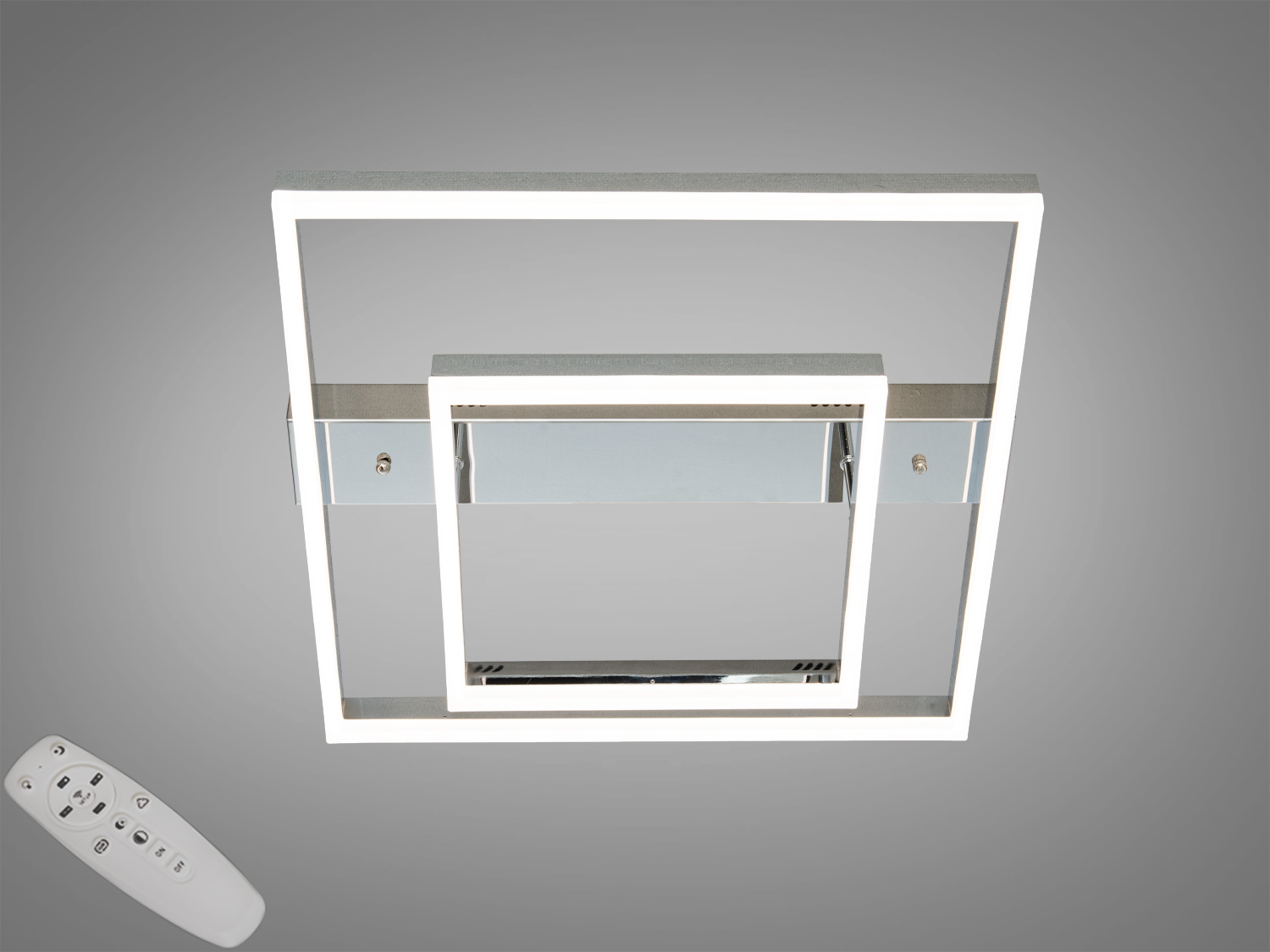 Стельова LED люстра Diasha 72 W у хромі з пультом: дві квадратні рамки з акрилом, 3 режими 3200–6500K, для кімнат до ~12 м², низький профіль та рівномірне світло.