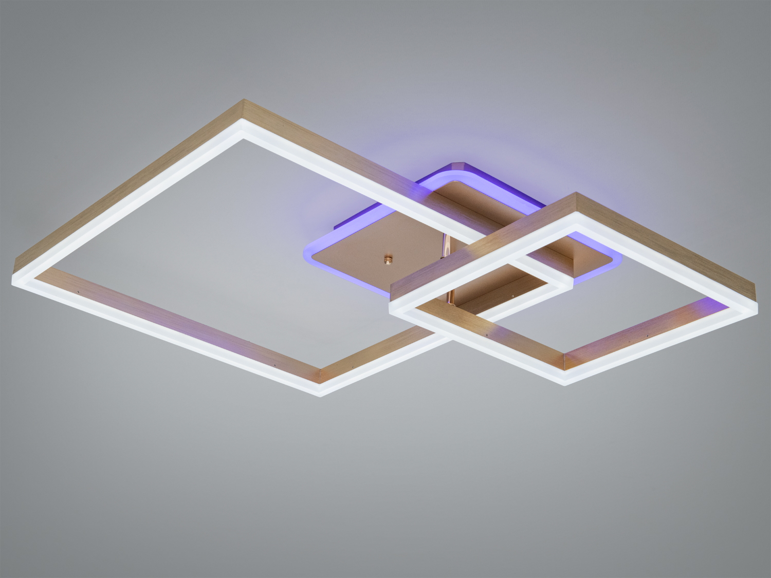 Стельовий світильник з двома квадратними акриловими рамками, що випромінюють тепле біле світло. Виконаний у мінімалістичному стилі, підходить для вітальні.