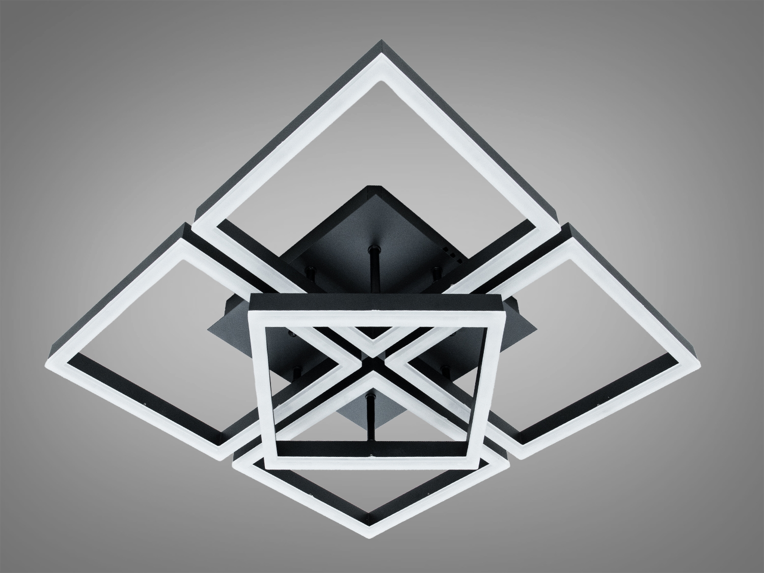 Світильник з об′ємною конструкцією, квадратні акрилові елементи, чорний корпус, підходить для великих кімнат, рівномірне освітлення.