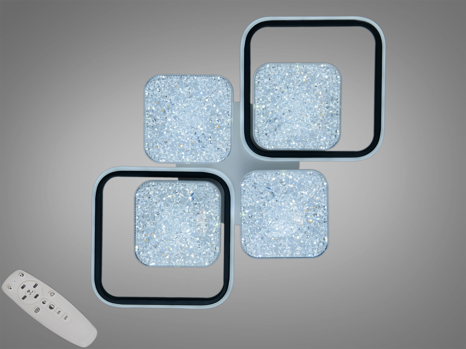 Світильник з чотирма квадратними елементами, вбудоване LED-освітлення, дистанційне керування. Підходить для сучасного інтер′єру.