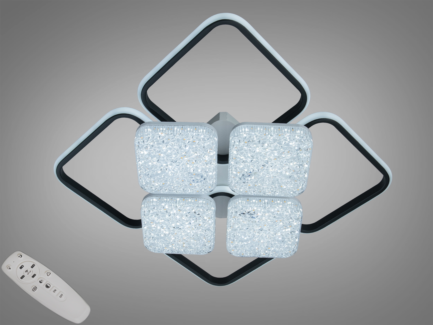 Стельовий світильник з чотирма квадратними LED-панелями та дистанційним керуванням, підходить для сучасного інтер′єру.