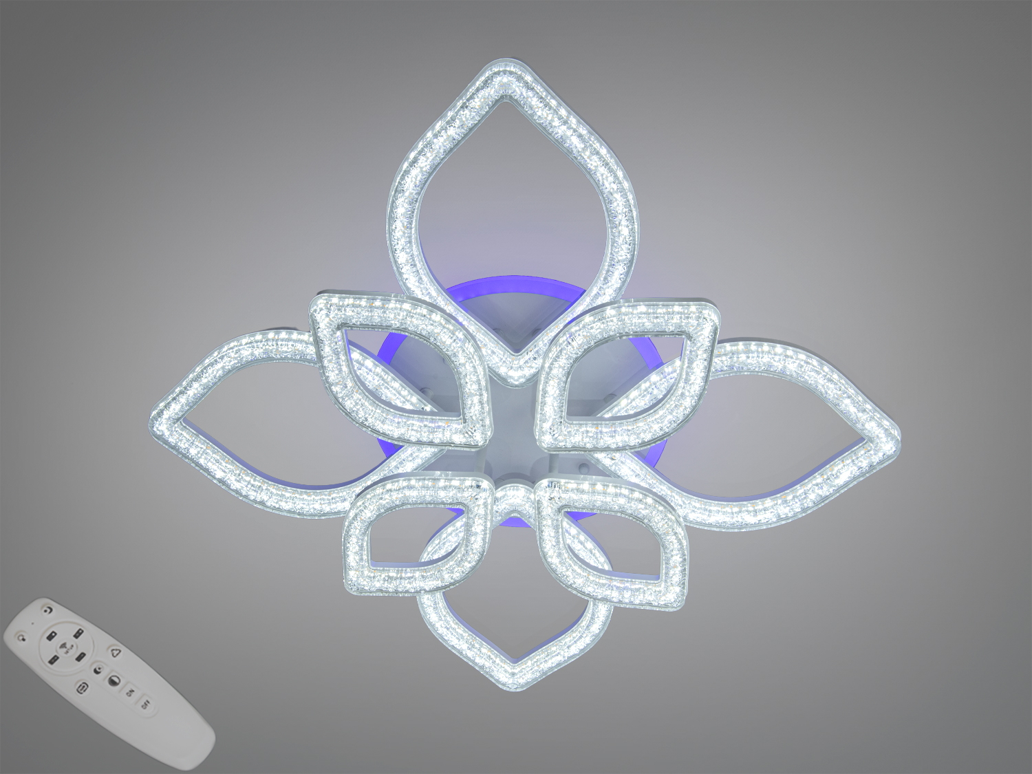 Біла стельова LED люстра 102 Вт з пультом, димером і підсвіткою основи. 8 акрилових елементів, 3 режими 3200К 4100К 6500К. Для кімнат до ≈17 м², низький профіль.