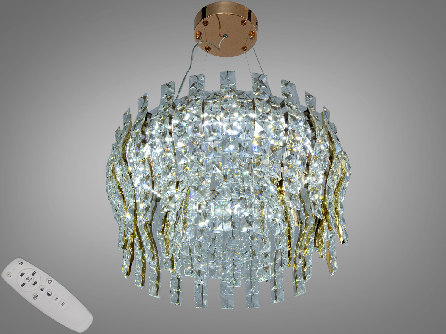 Світлодіодна кришталева підвісна люстра Diasha, золото, 55 Вт, пульт ДК. Кругла форма та кришталеві підвіски для кімнат до 10 м².