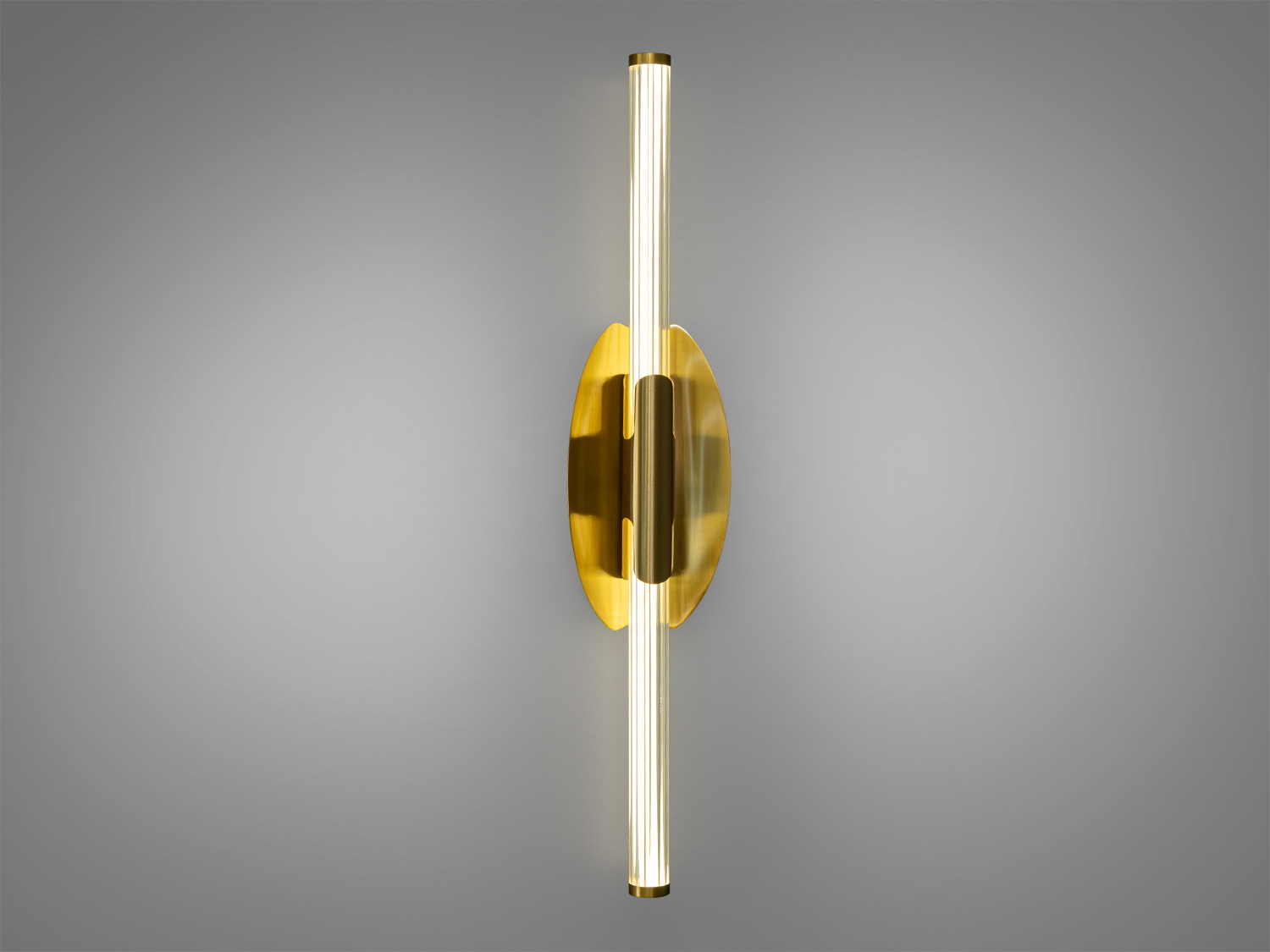 Настінний світильник з вертикальною акриловою трубкою і золотистою металевою основою, підходить для сучасного інтер′єру, забезпечує м′яке освітлення.