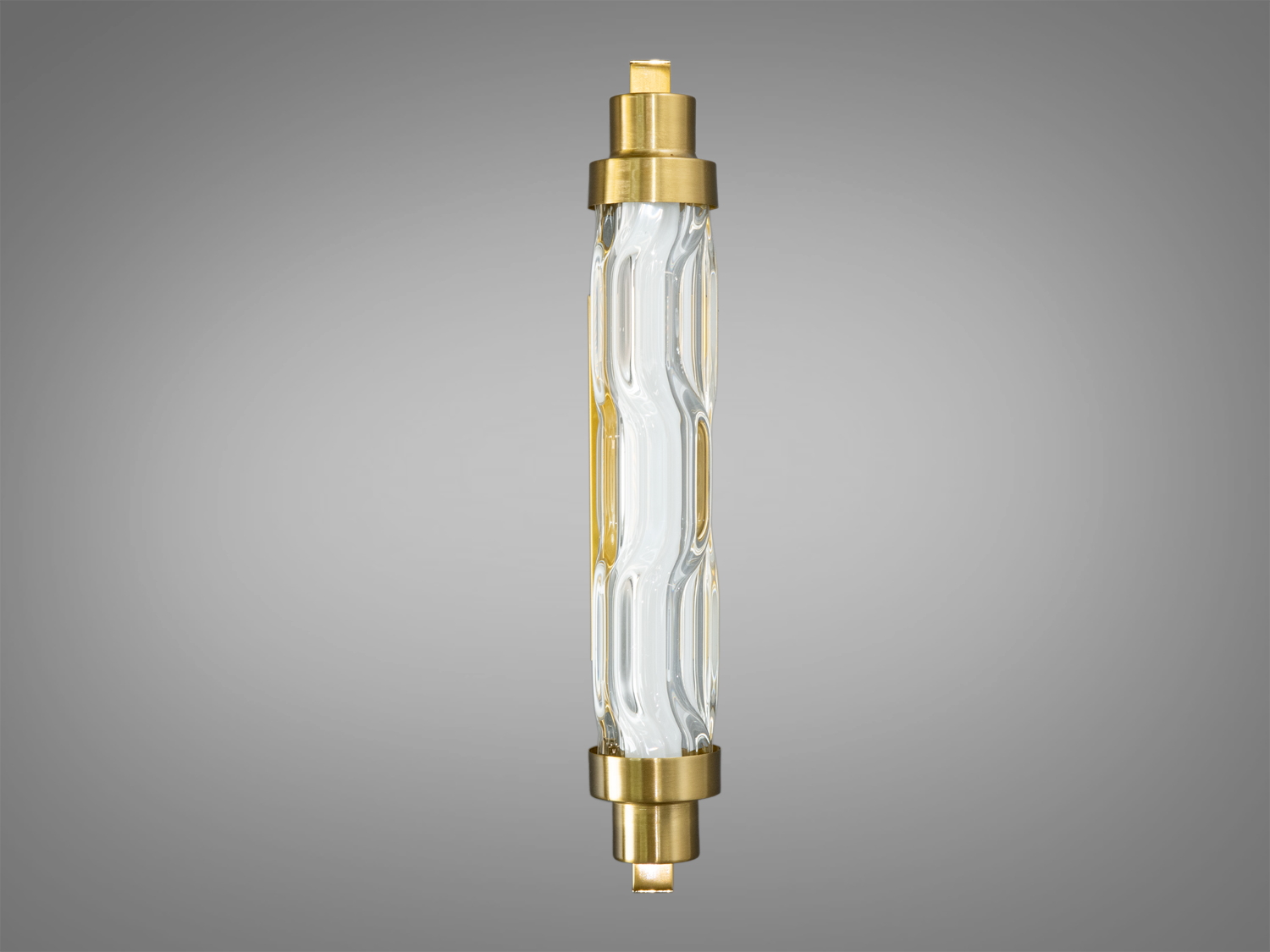 Вертикальний світильник з золотистими деталями та хвилястим скляним плафоном, ідеальний для декоративного освітлення.