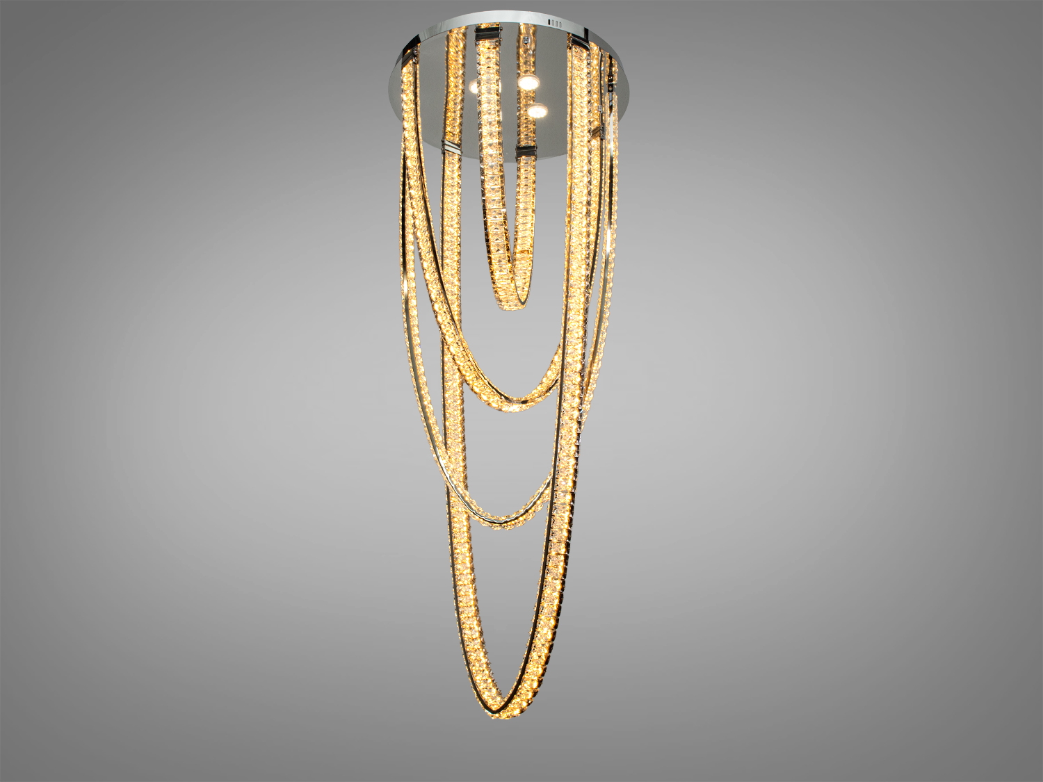 Світлодіодна люстра з витонченою підвісною конструкцією, виготовлена з прозорого кришталю, ідеальна для просторих приміщень.