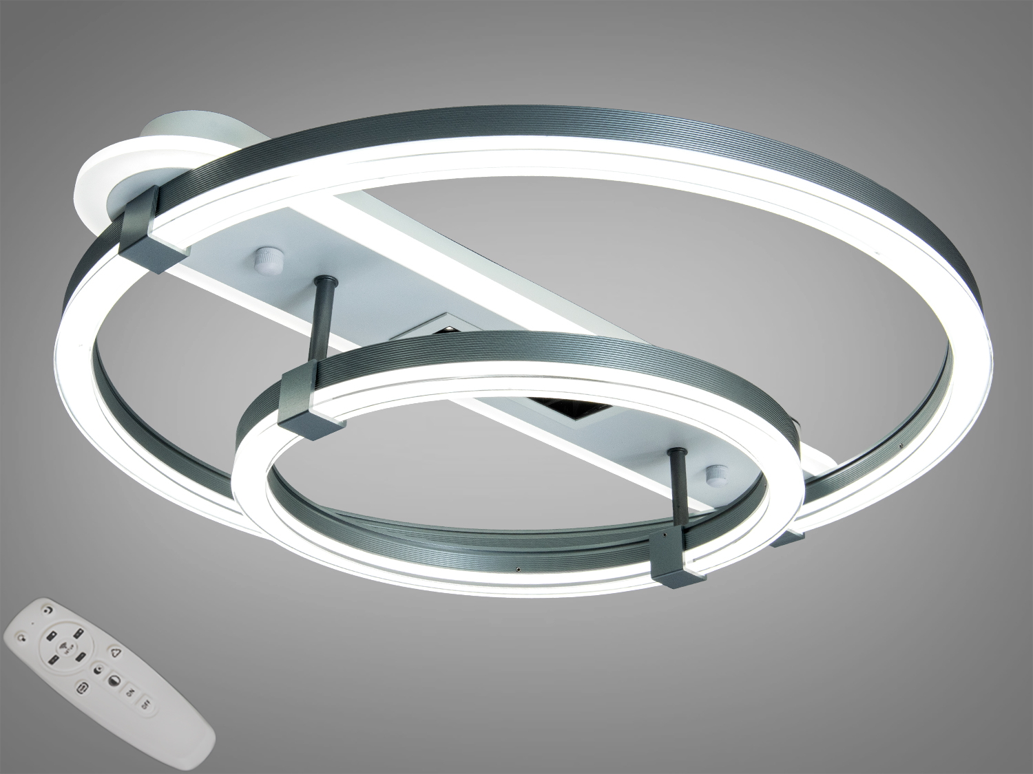 Стельова LED-люстра з 2 кільцями, 88 Вт, сіра. Пульт ДК, метал + акрил, біле світло. Рекомендовано для кімнат до 15 м², сучасний накладний монтаж.