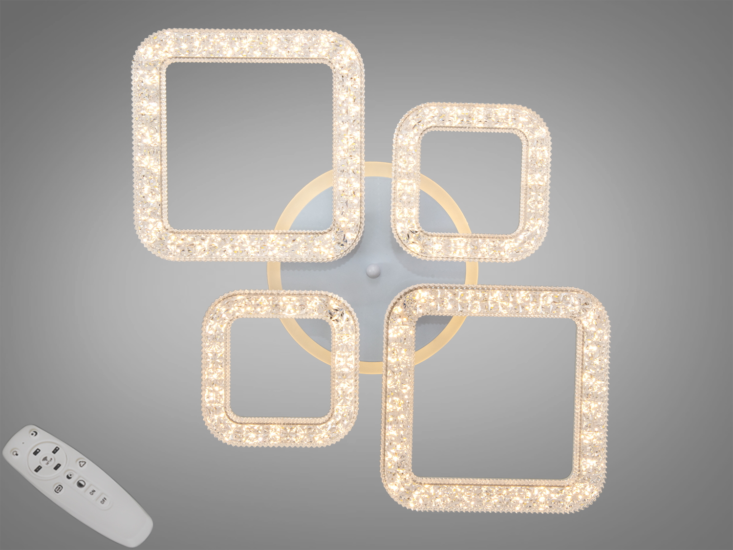 Світильник з чотирма квадратними рамками, що світяться. Має пульт дистанційного керування для зручності використання.