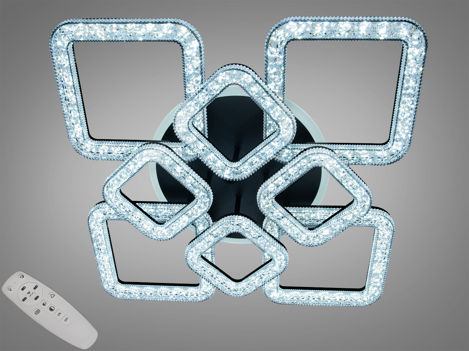 Стельова LED люстра Квадрати, 140 W, чорна, 8 модулів з пультом. Підійде приблизно для 24 м², сучасний геометричний дизайн і мʼяке світло.