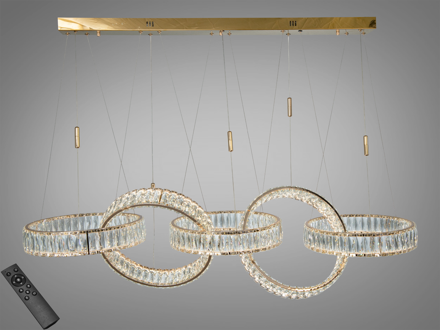 Кришталева підвісна LED-люстра Diasha на 5 кілець, 195 Вт, золото. Пульт для регулювання яскравості. Підходить для кімнат до 33 м², регульовані троси, сучасний дизайн.