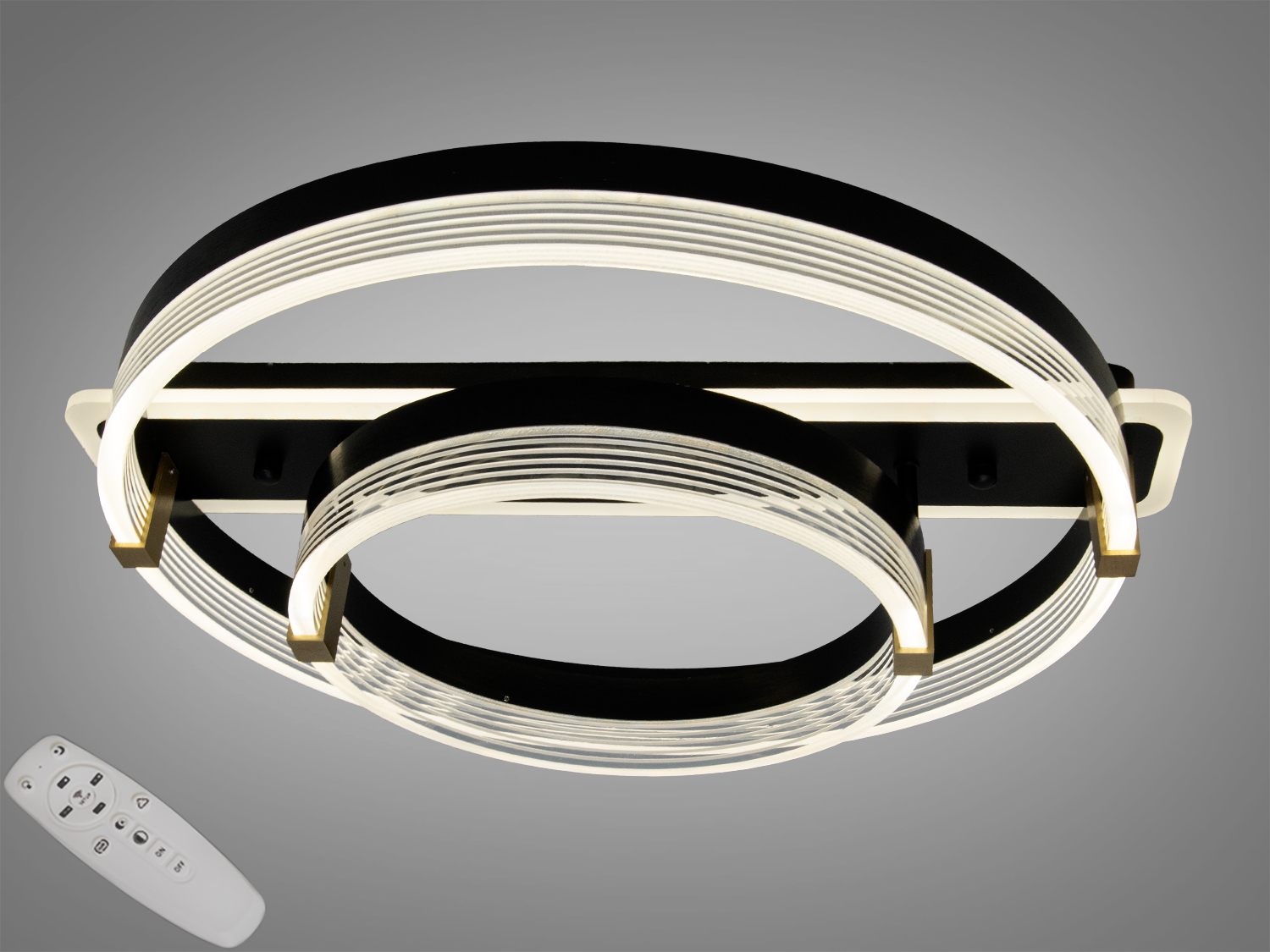 Біла стельова LED-люстра 58 W з димером і пультом. Два акрилові кільця, металевий корпус, світла достатньо для кімнат до 10 м².