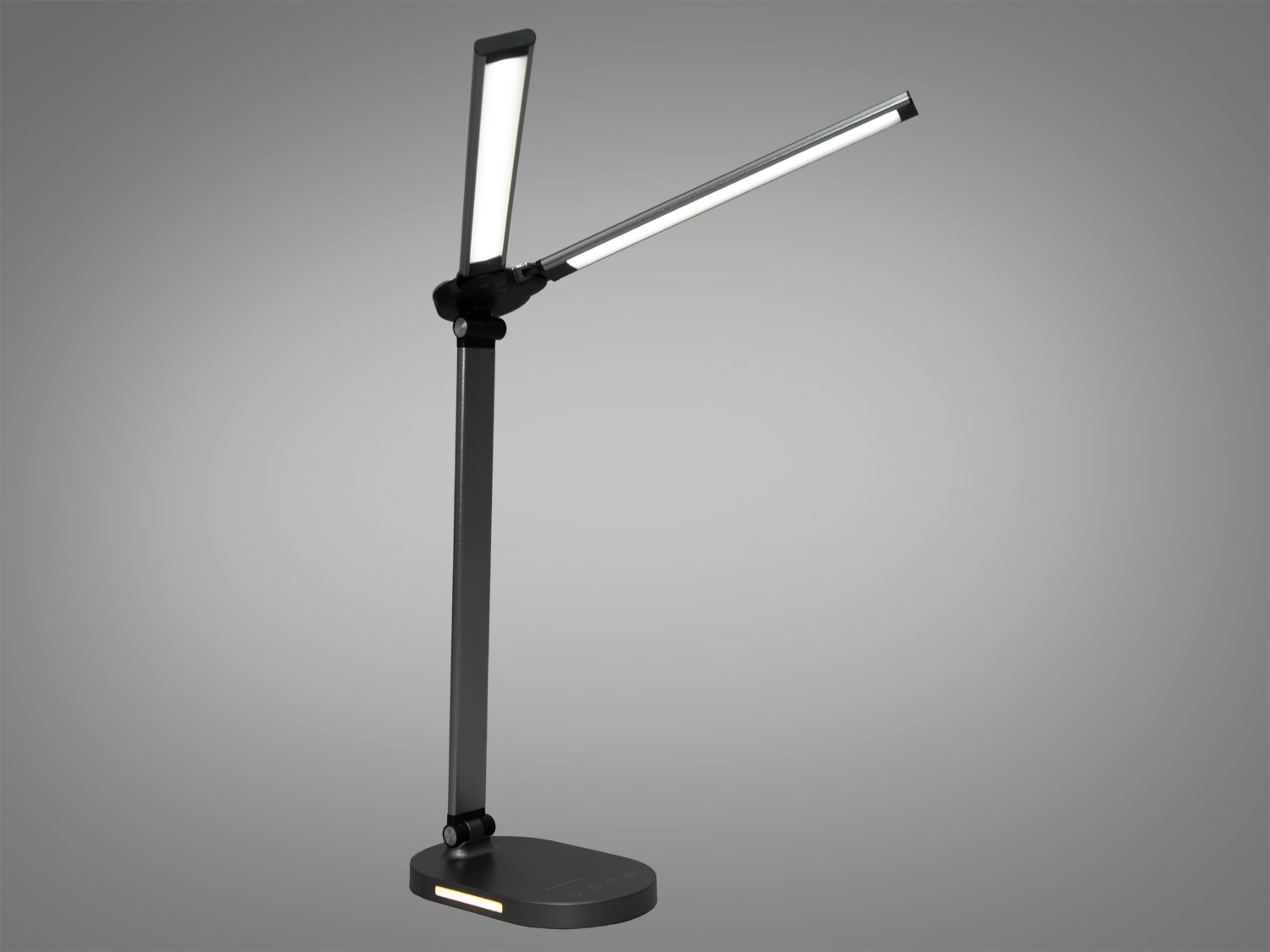 Настільна лампа з двома джерелами світла, що забезпечують різні режими освітлення. Поворотний механізм для зручного регулювання напрямку світла.