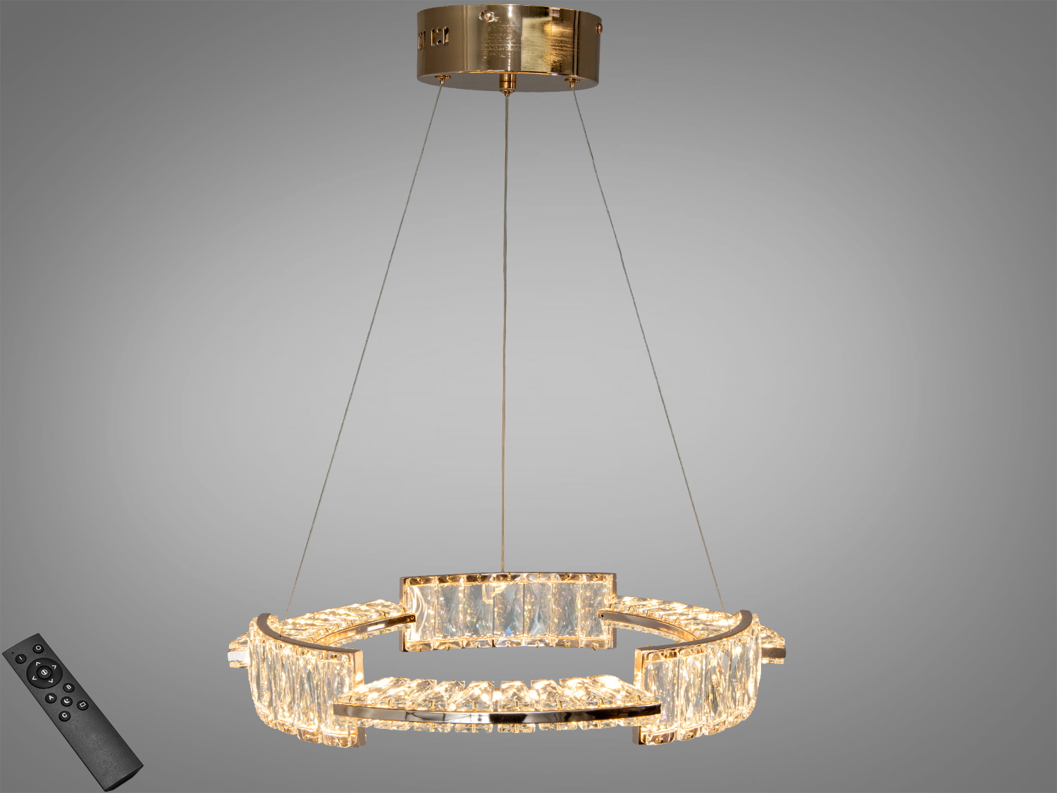 Підвісна кришталева LED-люстра, 70 Вт, золото. Пульт для регулювання яскравості, монтаж на тросах. Орієнтовне освітлення до 12 м².