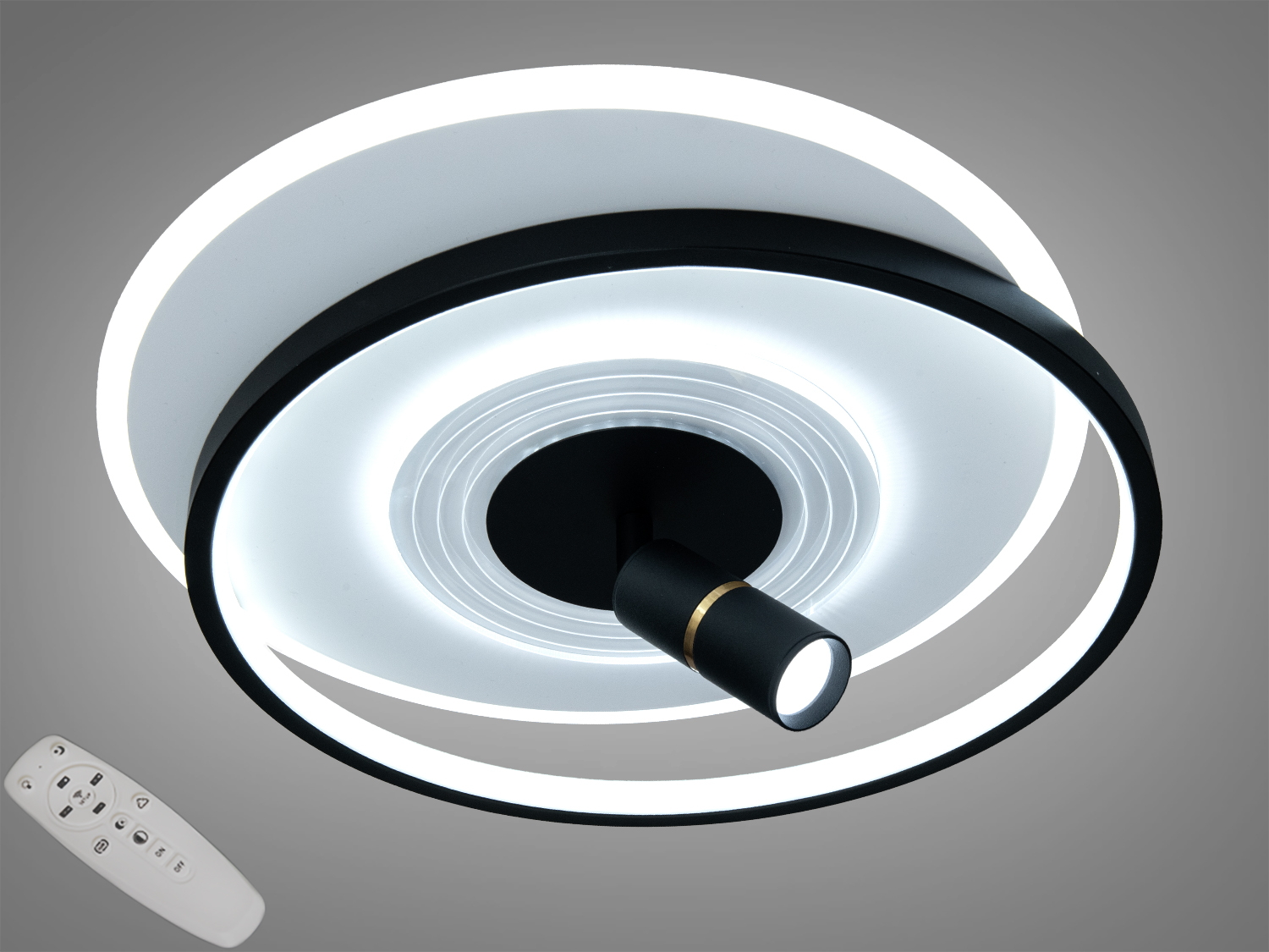 Стельова LED люстра Diasha 64 Вт із пультом і димером у білому та чорному кольорі. Для кімнат до ≈11 м², м’яке рівномірне світло та зручне керування.