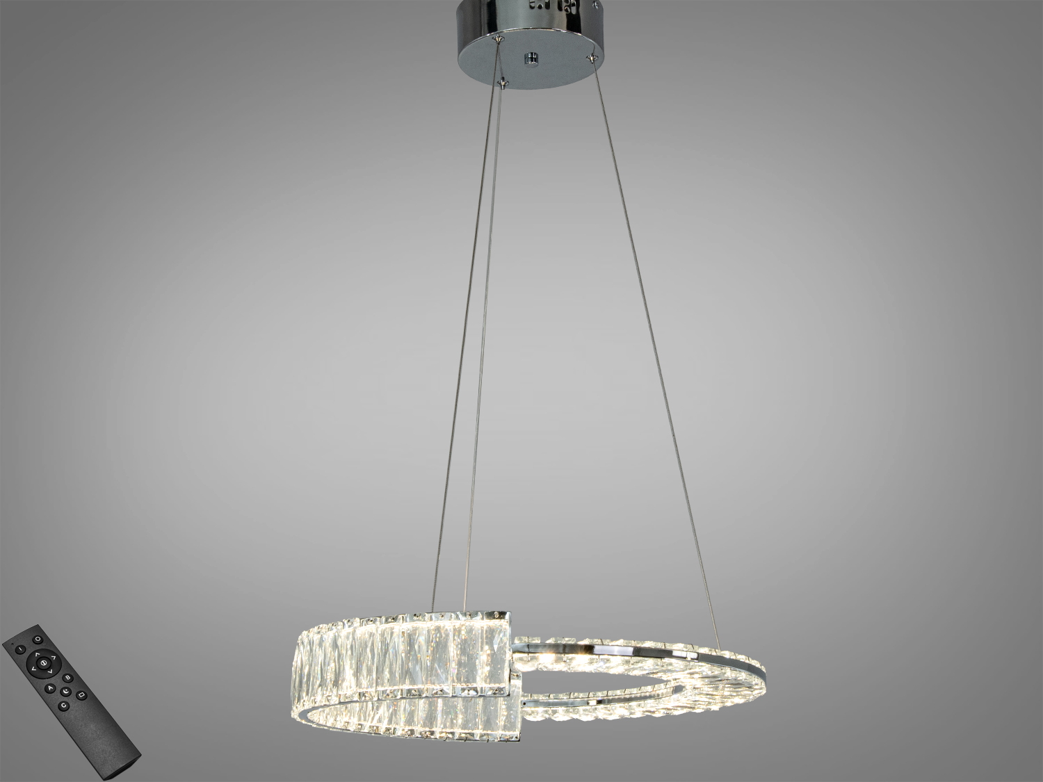 Підвісний світильник з кришталевим кільцем, оснащений пультом дистанційного керування. Ідеальний для сучасних інтер′єрів.