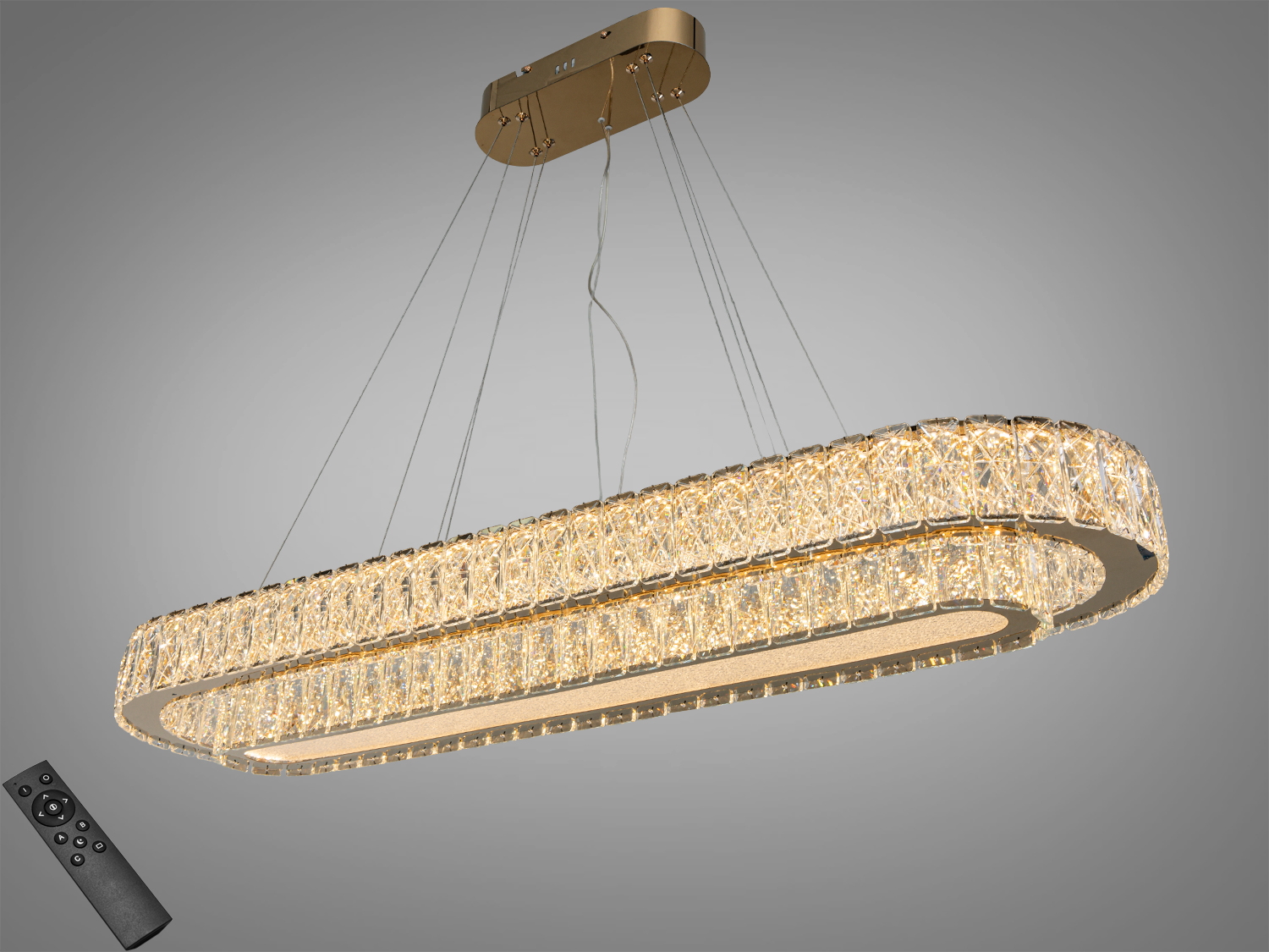 Підвісна кришталева LED люстра овальна, золото, 152 Вт, 8360 лм. 3 температури світла 3200/4100/6500K, керування пультом і вимикачем. Для освітлення до 15 м².