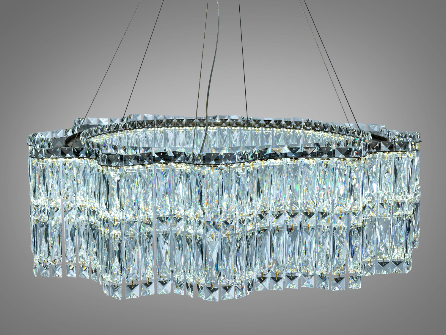 Елегантна люстра з прозорими кришталевими елементами, прямокутна форма, підвісний монтаж, холодне біле світло, для просторих приміщень.