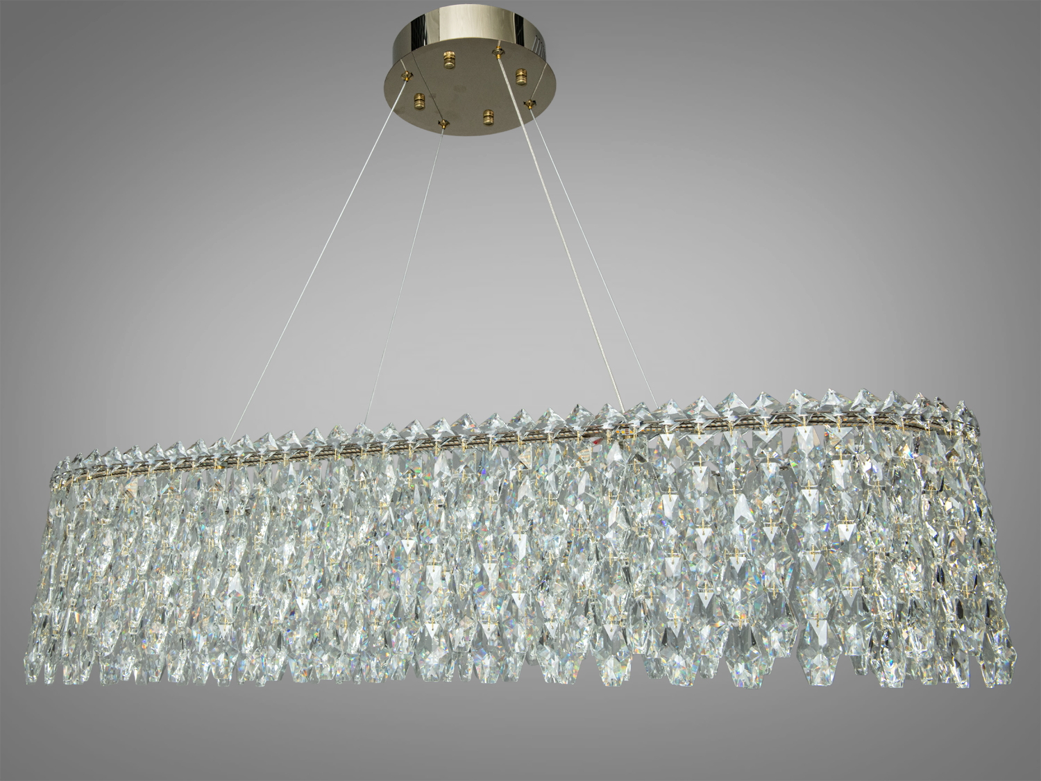 Світильник з кришталевими підвісками, довгаста форма, підвісний монтаж, підходить для їдальні.