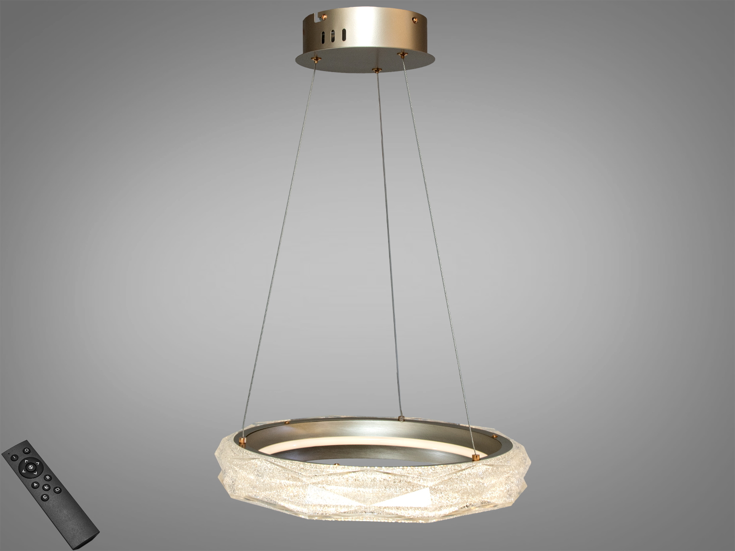 Кругла підвісна люстра LED Diasha у золоті з пультом. Потужність 52 Вт для освітлення до 9 м², акриловий розсіювач для м’якого світла.