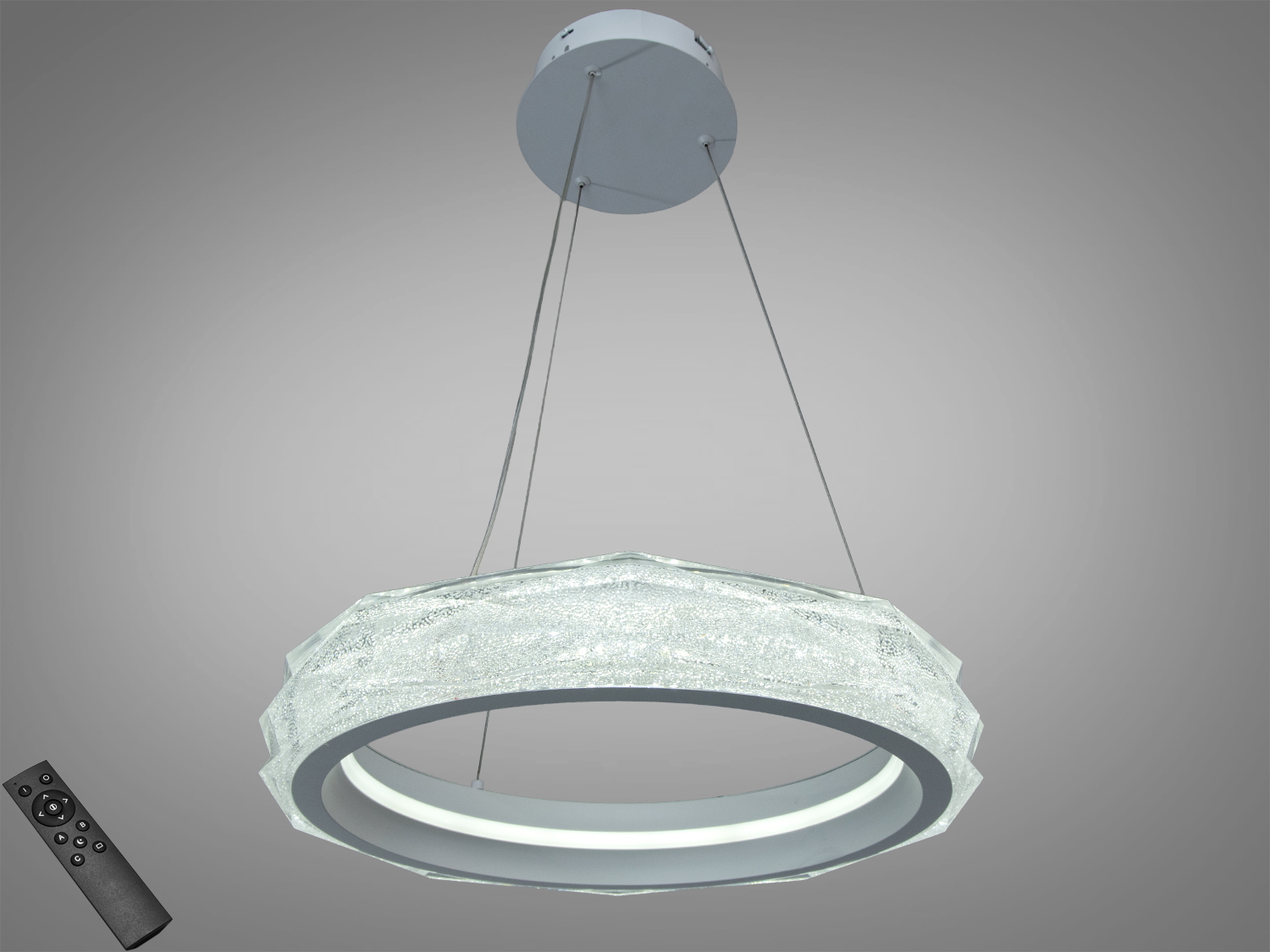 Підвісна LED люстра Diasha 52 Вт у білому кольорі з пультом. Рівномірне кільцеве світло для кімнат до близько 9 м², прозорий розсіювач з ефектом кришталю.