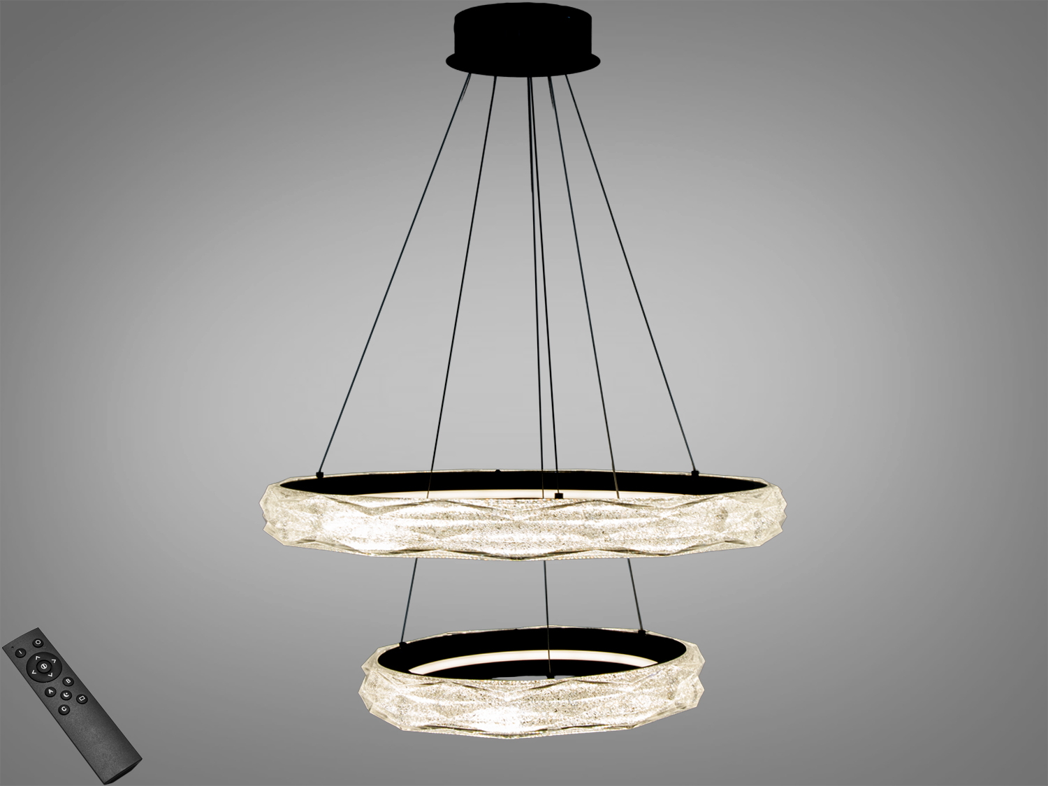 Підвісна LED-люстра Diasha з 2 кільцями у чорному кольорі, 152 Вт. Пульт ДК, рівномірне біле світло, освітлення площі до 26 м², сучасний дизайн.