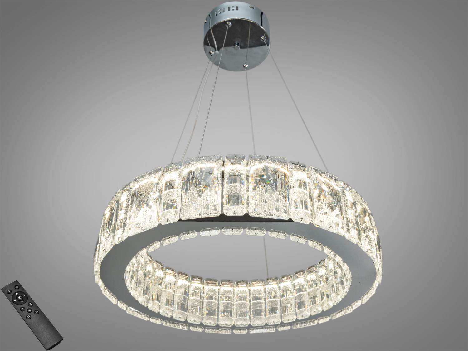 Підвісна кришталева LED-люстра Diasha, золото, 68 Вт, 3740 лм. Три режими кольору світла 3200К/4100К/6500К з керуванням від настінного вимикача. Для кімнат до ~18 м².