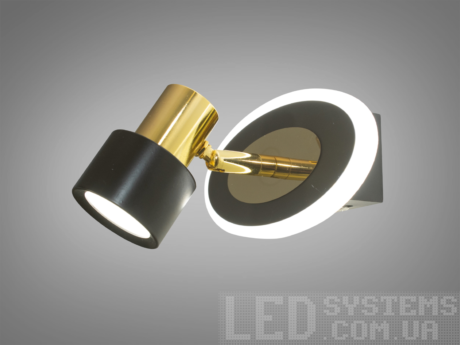 Настінний LED світильник Diasha 9W у кольорі чорний+золото. Два розсіювачі, регульований кут, три температури світла 3200K 4100K 6000K, керування настінним вимикачем.