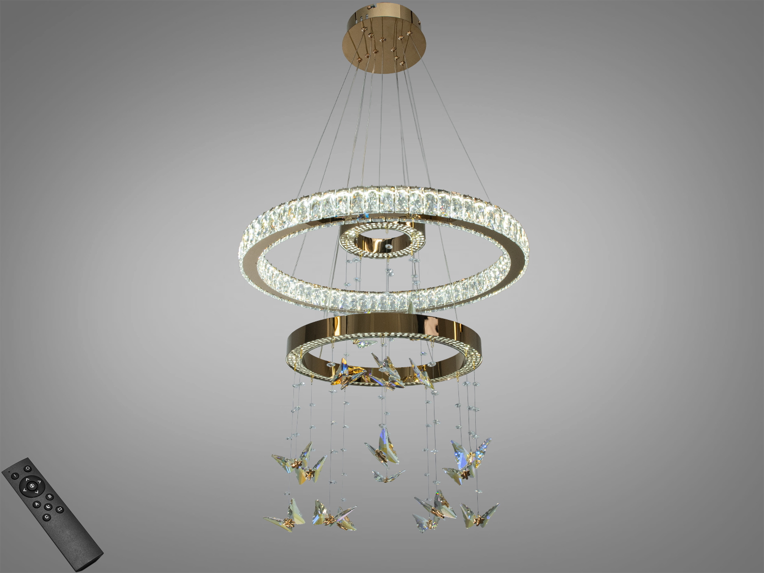 Підвісна кришталева LED-люстра, золото, 3 кільця, 124 Вт, 6820 лм для до 21 м². Три температури 3200/4100/6500К, регульована висота, керування настінним вимикачем.